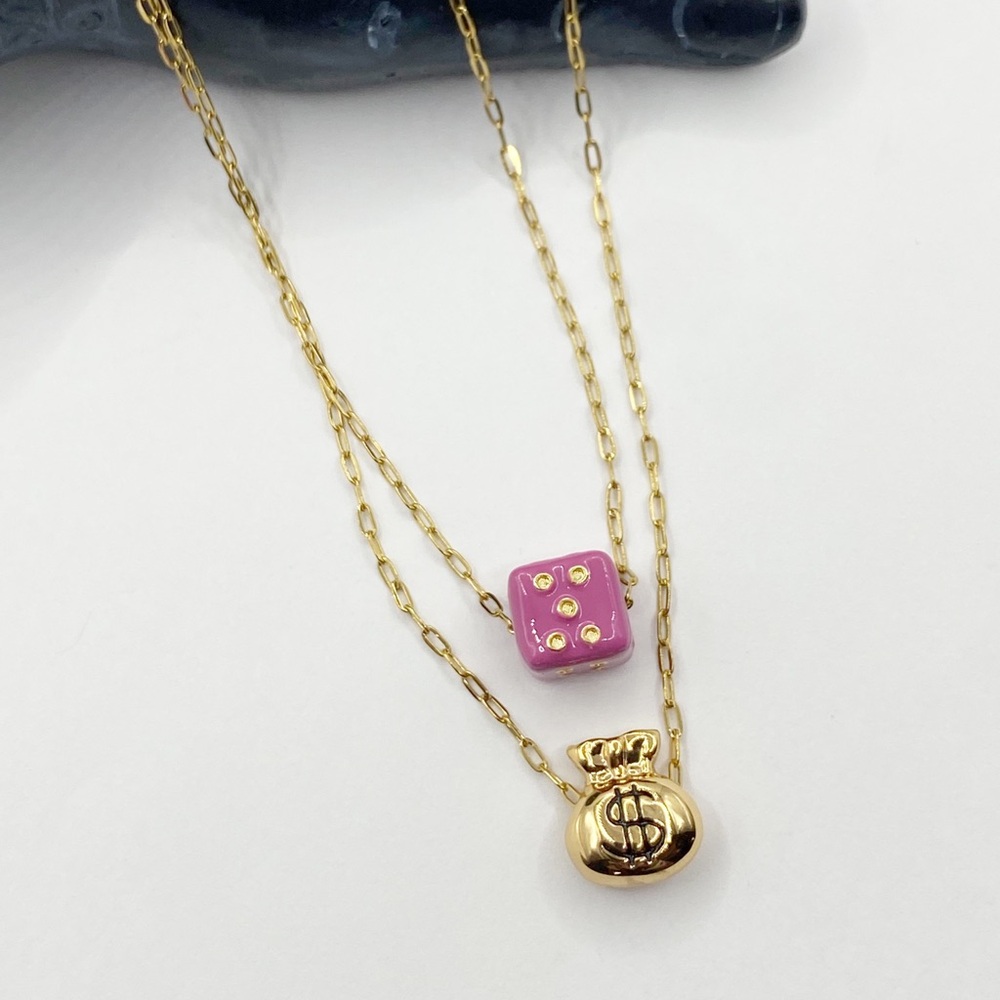 NEW Gold Money Bag & Pink Dice Layered Necklace - Picture 4 of 12